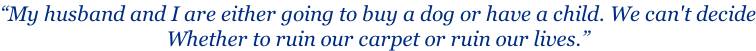 “My husband and I are either going to buy a dog or have a child. We can't decide Whether to ruin our carpet or ruin our lives.”